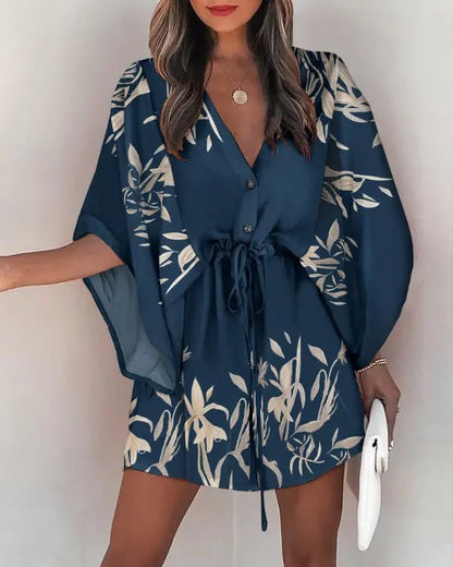 Dress woman – Mini dress with loose fit – V-neck – Lace waist – Ruffle sleeves