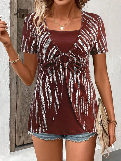 Women's T-shirt – Relaxed Fit – Layered Look – Ethnic Pattern – Waist Detail