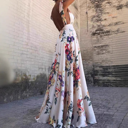 Dress woman maxi – A-line fit – Sleeveless backless – Floral print – Spaghetti straps