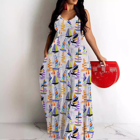 Women's Maxi Dress – Deep V-neck – Spaghetti Straps – Loose Fit – Abstract Pattern
