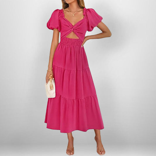 Women's Dress – V-neck – Puff Sleeves – Smocked Bodice – Midi Length – A-line with Ruffles