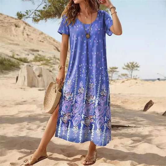Dress for Women – Maxi – Relaxed Fit – Floral Print – Light Cotton – Short Sleeve
