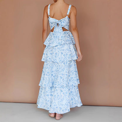 Dress woman – midi length – A-line fit – floral print – layered – sleeveless strap dress