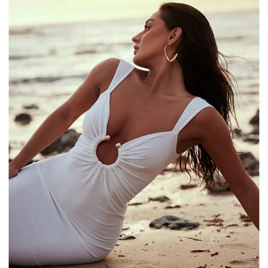 Women's Maxi Dress – Slim Fit – V-Neck – Open Back – Cutout and Slit