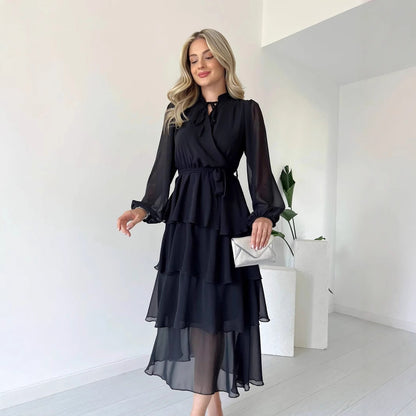 Dress woman – chiffon – midi length – A-line with ruffles – long sleeves – tie at the waist