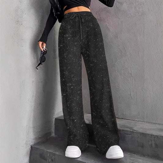 Women's Pants with Wide Legs – Glitter Details – Elastic Waist with Drawstring – Full Length