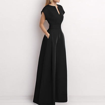 Women's Jumpsuit – Wide Fit – V-Neck – Short Sleeves – Wide Legs – Elegant Style