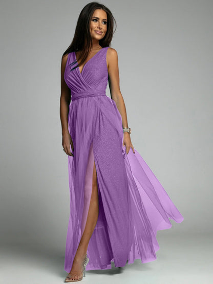 Dress for Women – Evening Dress – Slim Fit – Deep V-Neck – High Slit – Glittering Fabric