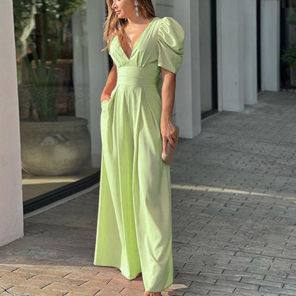 Women's Jumpsuit – Wide Legs – Puff Sleeves – Deep V-neck – Fitted Waist – Elegant Cut