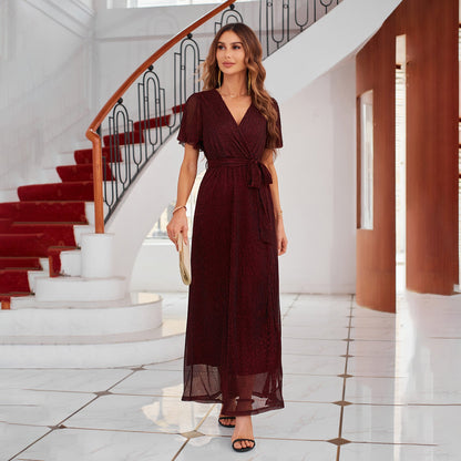 Kjole for dame – Omslagsdesign – V-hals – Knytebelte – Sommerfuglerm – Splitt