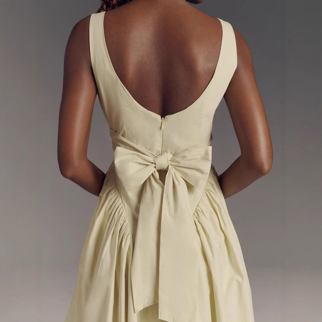 Dress woman – Midi length – A-line fit – Open back with bow – Square neckline