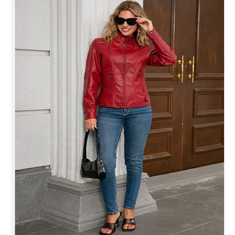 Women's Moto Jacket – Slim Fit – Faux Leather – Stand Collar – Zipper Pockets