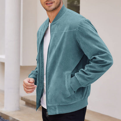 Men's Bomber Jacket – Suede Texture – High Collar – Elastic Hem and Cuffs