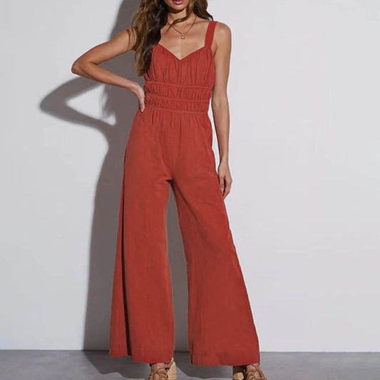 Women's Jumpsuit – Wide Leg – Sleeveless – Elastic Waist – Cotton Linen Lightweight Material