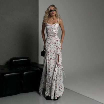 Dress for Women – Maxi Length – Slim Fit – Spaghetti Straps – Floral Print – High Slit – Defined Waist