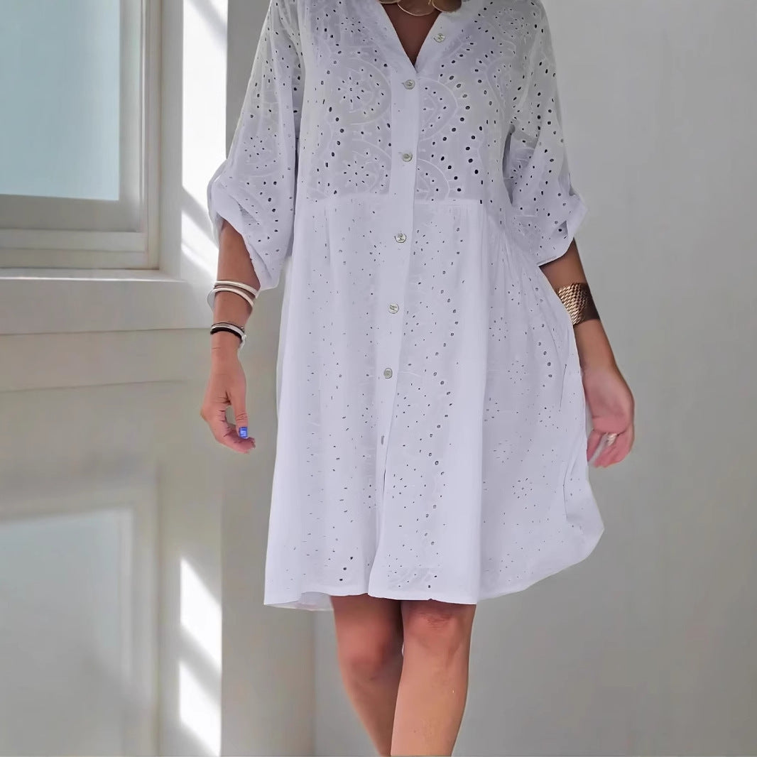 Dress for women – midi length – A-line fit – lace fabric with embroidery – V-neck with buttons