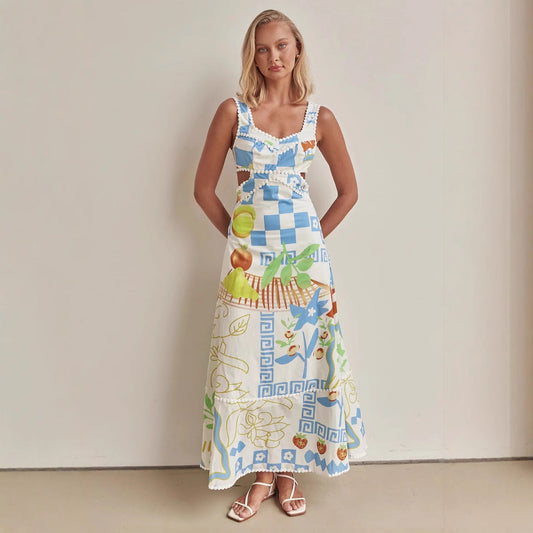 Women's Maxi Dress – A-line Fit – Spaghetti Straps – Neckline – Cut-out Waist – Patterned Design