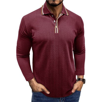 Men's Polo Shirt – Tailored Fit – Long Sleeve – Striped Collar – Knitted Texture