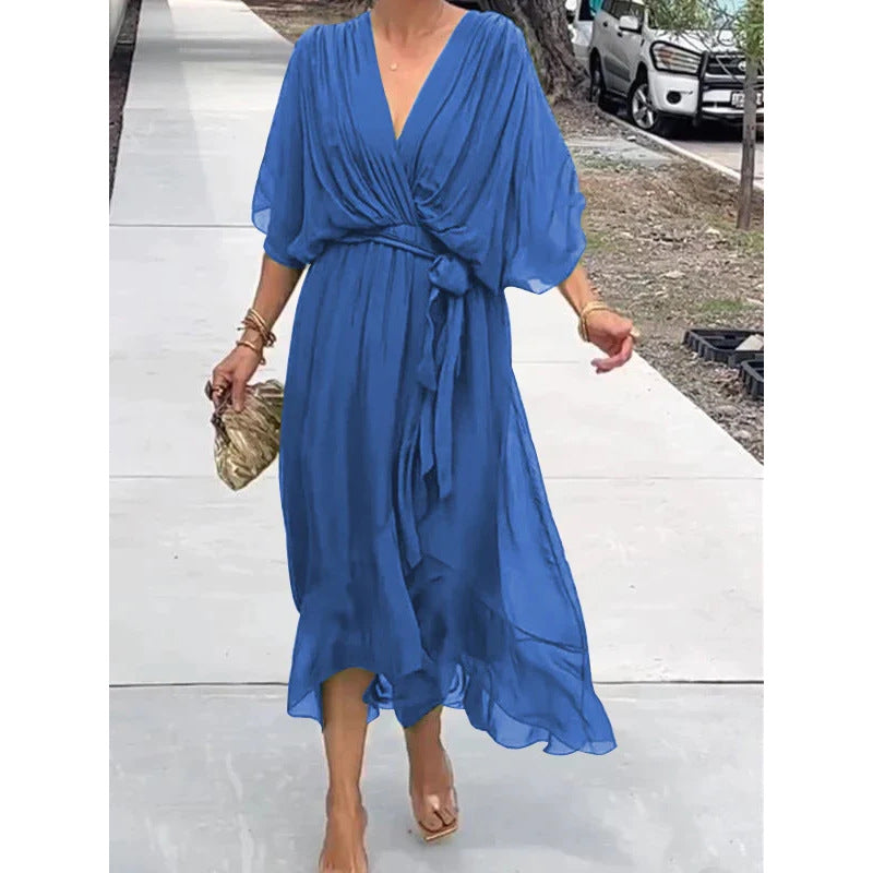 Dress for Women – Maxi – Loose Fit – Batwing Sleeves – Asymmetric Hem – Waist Tie