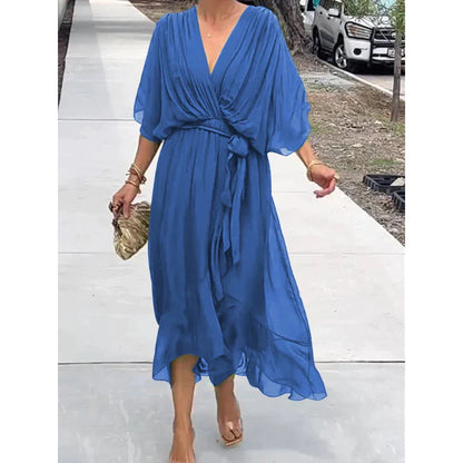Dress for Women – Maxi – Loose Fit – Batwing Sleeves – Asymmetric Hem – Waist Tie