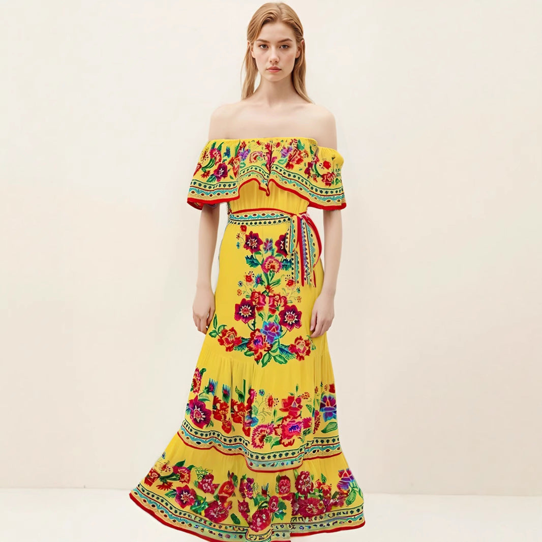 Dress for Women – Off-Shoulder Maxi – Floral Print – Ruffled Bodice – Tiered Skirt