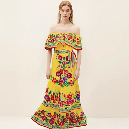 Dress for Women – Off-Shoulder Maxi – Floral Print – Ruffled Bodice – Tiered Skirt