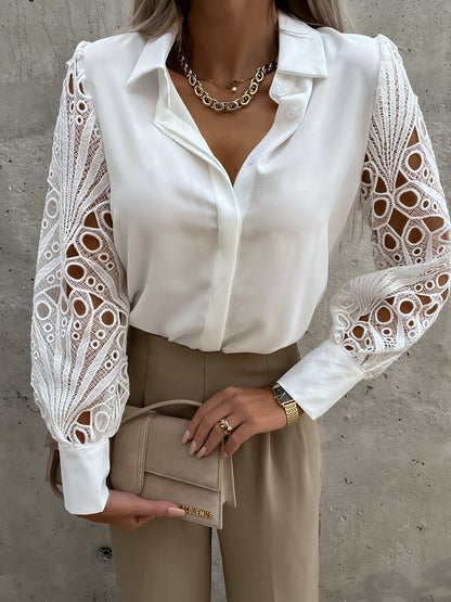 Women's Blouse – Structured Fit – Lace Sleeves – Button Front – Office Use
