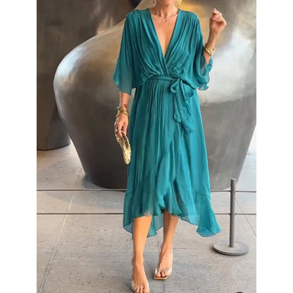 Dress for Women – Maxi – Loose Fit – Batwing Sleeves – Asymmetric Hem – Waist Tie