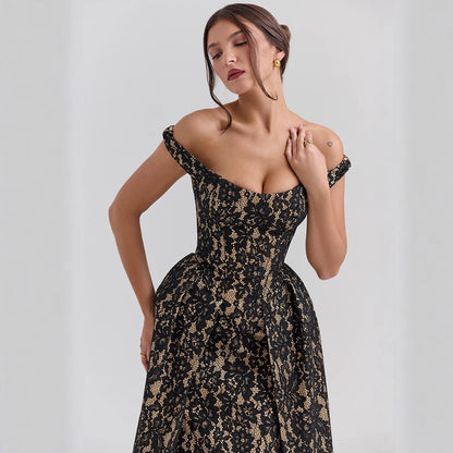 Kjole til dame – Off-Shoulder – Blonde – Tettsittende liv – Åpen rygg – A-linjeform