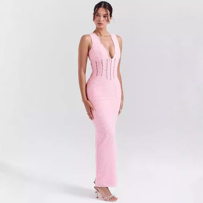 Dress woman – lace – tailored fit – deep neckline – full length elegance