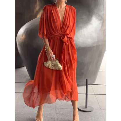 Dress for Women – Maxi – Loose Fit – Batwing Sleeves – Asymmetric Hem – Waist Tie