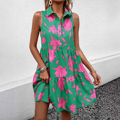 Dress for Women – Cotton Mini Dress – Sleeveless – A-line – Buttons – Floral Print