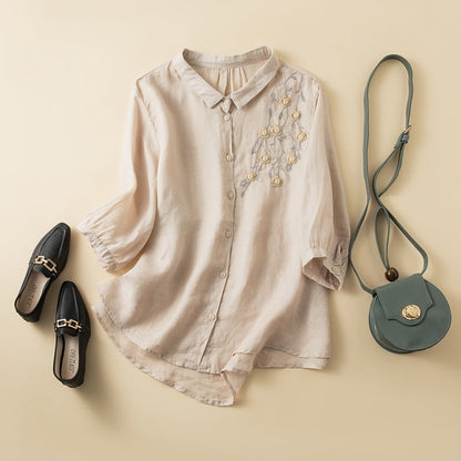 Women's Shirt – Natural Fibers – Relaxed Fit – Embroidered – Mid-Length Sleeves
