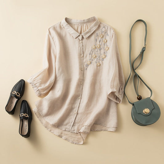 Women's Shirt – Natural Fibers – Relaxed Fit – Embroidered – Mid-Length Sleeves