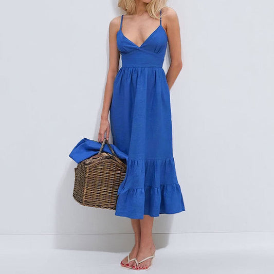 Women's Midi Dress – V-Neckline – Thin Straps – Tiered Skirt – Fitted Waist