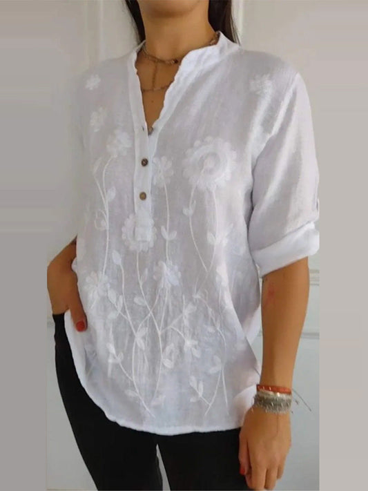 Women's Shirt with V-neck – Embroidered Lace – Relaxed Fit – Button Closure