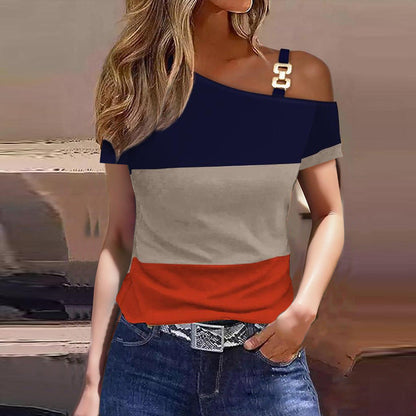 Women's T-shirt – Relaxed fit – Text print – Asymmetric shoulder strap with button