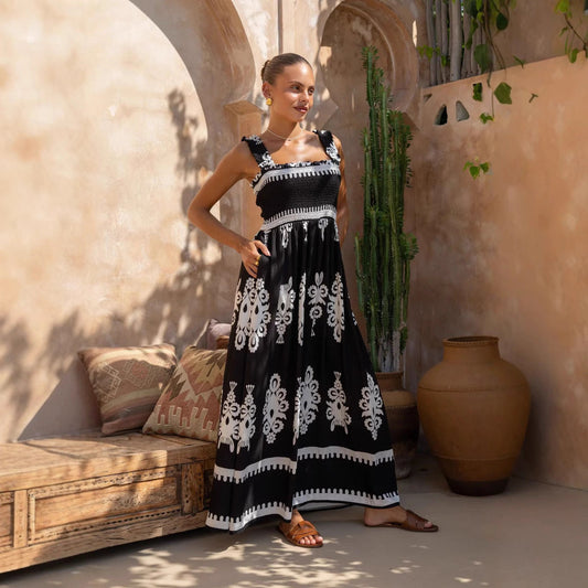 Dress woman – cotton – A-line fit – ruched bodice – embroidered – ankle-length