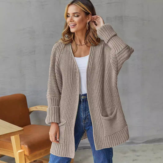 Women's Cardigan Knitted – Oversized Fit – Ribbed Knit – V-Neck – Pockets