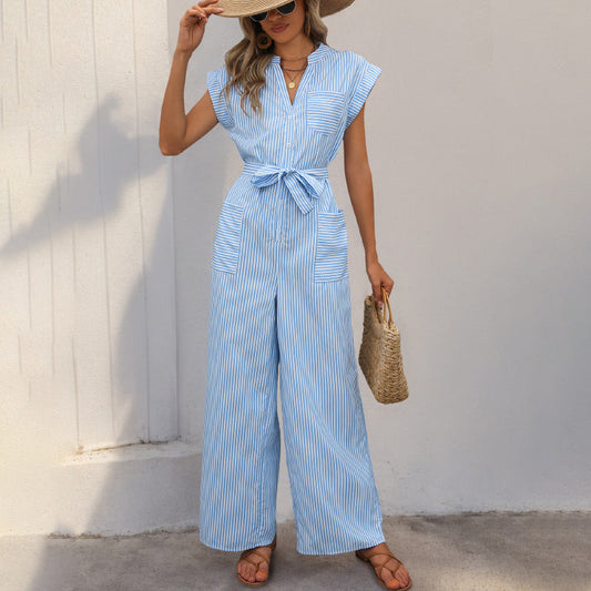 Women's Jumpsuit – V-neck – Wide Legs – Waist Tie – Striped – Short Sleeve