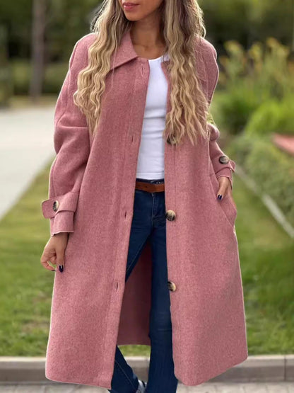 Women's Long Coat – Wool Blend – Relaxed Fit – Button Front and Collar