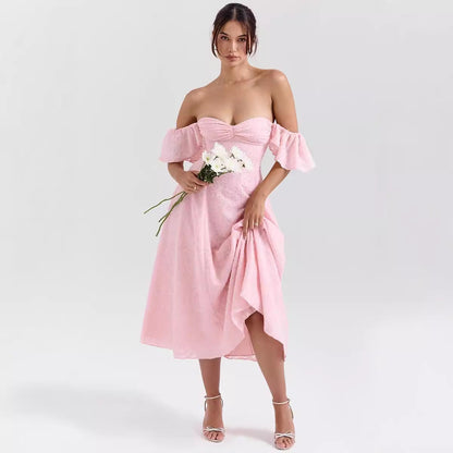 Dress woman midi – Jacquard fabric – A-line – Square neckline – Ruffle sleeves