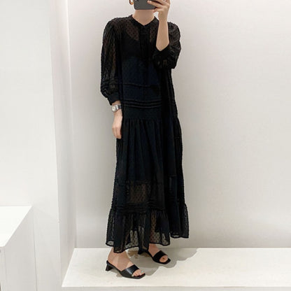 Maxi Dress for Women - Elegant Layered Design - Soft Pin Dot Pattern