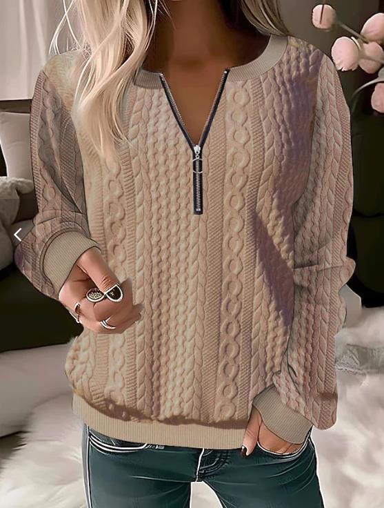 Women's Sweater – Wool Blend – Relaxed Fit – Cable Knit – Zipper Neck
