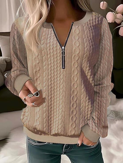 Women's Sweater – Wool Blend – Relaxed Fit – Cable Knit – Zipper Neck