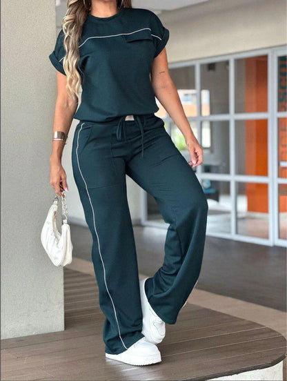 Women's Set – Relaxed Fit – Boxy Short-Sleeved Top – Wide Straight-Leg Pants