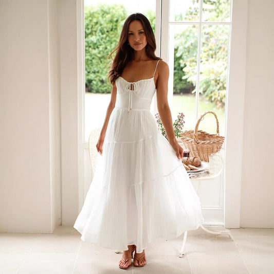Dress woman – Long maxi dress – Sleeveless backless – Thin straps layered chiffon