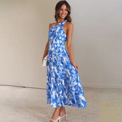 Women's Maxi Dress – One-Shoulder – A-Line Fit – Sleeveless – Breathable Printed Fabric