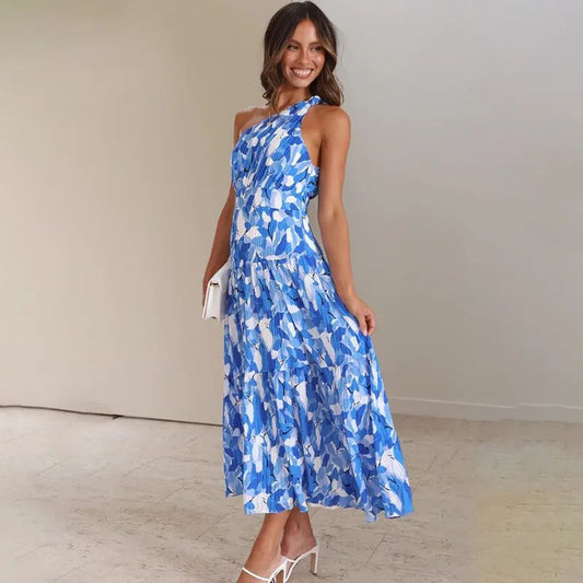 Women's Maxi Dress – One-Shoulder – A-Line Fit – Sleeveless – Breathable Printed Fabric