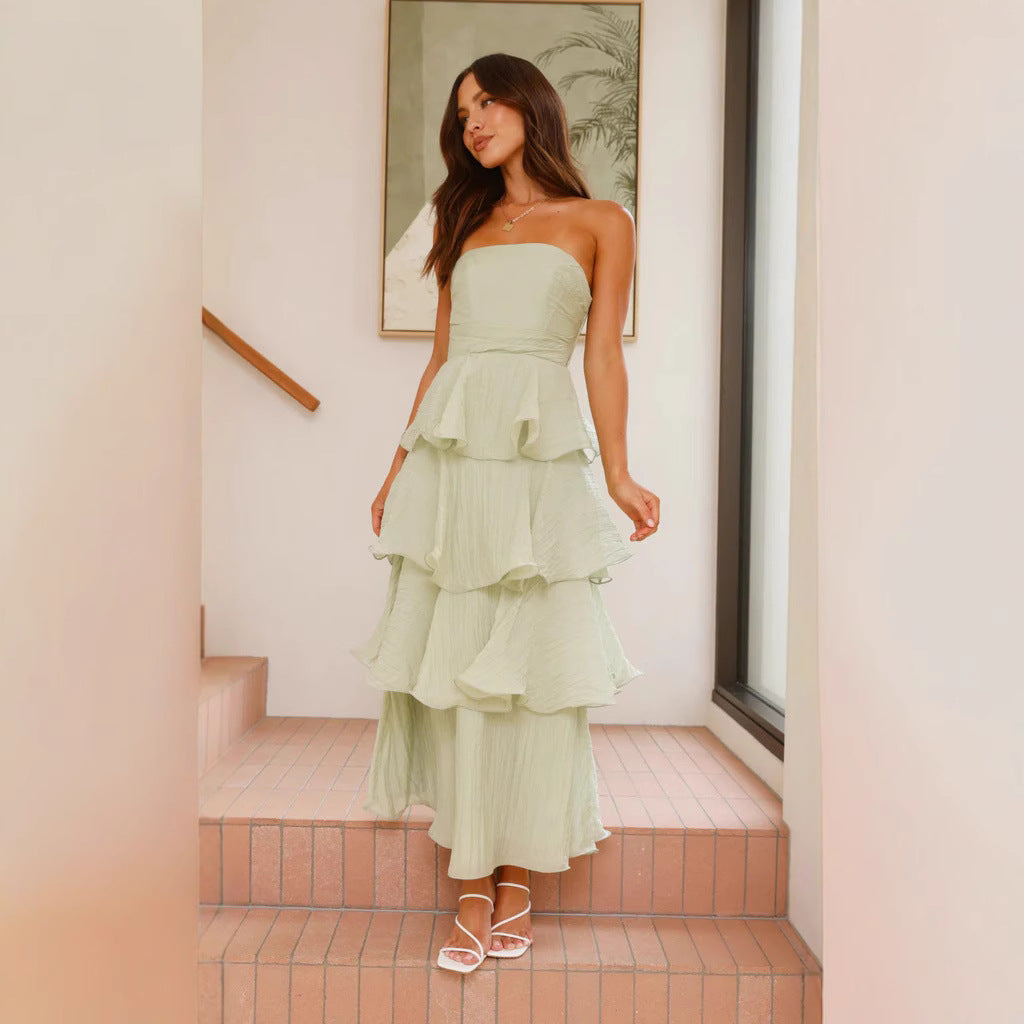 Dress woman – strapless midi dress – tight-fitting bodice – ruffle and layered skirt